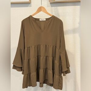 Impressions Brown Tiered Babydoll Tunic Dress Bell Sleeve Size XL NWOT